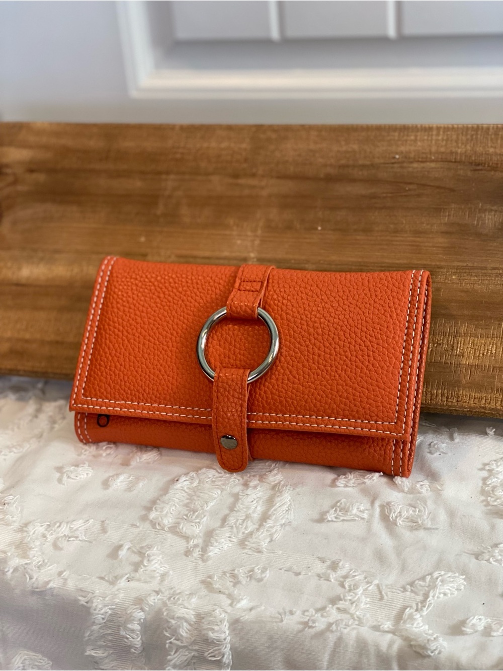 Orange Leather Travel Jewelry Wallet with Silver Ring - Picture 2 of 13